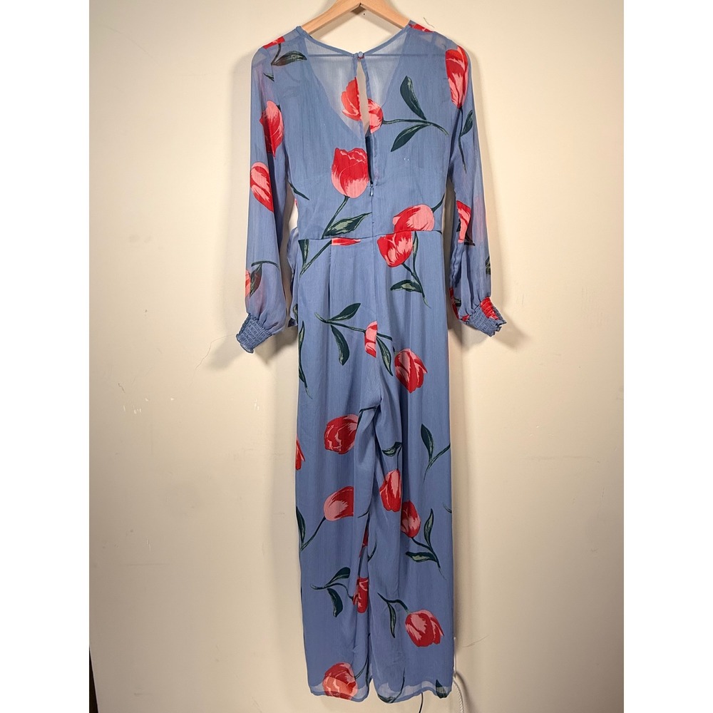 Lulus Light Blue Red Tulip Floral Wrap Front Wide Leg Jumpsuit Long Sleeve M - Picture 6 of 9